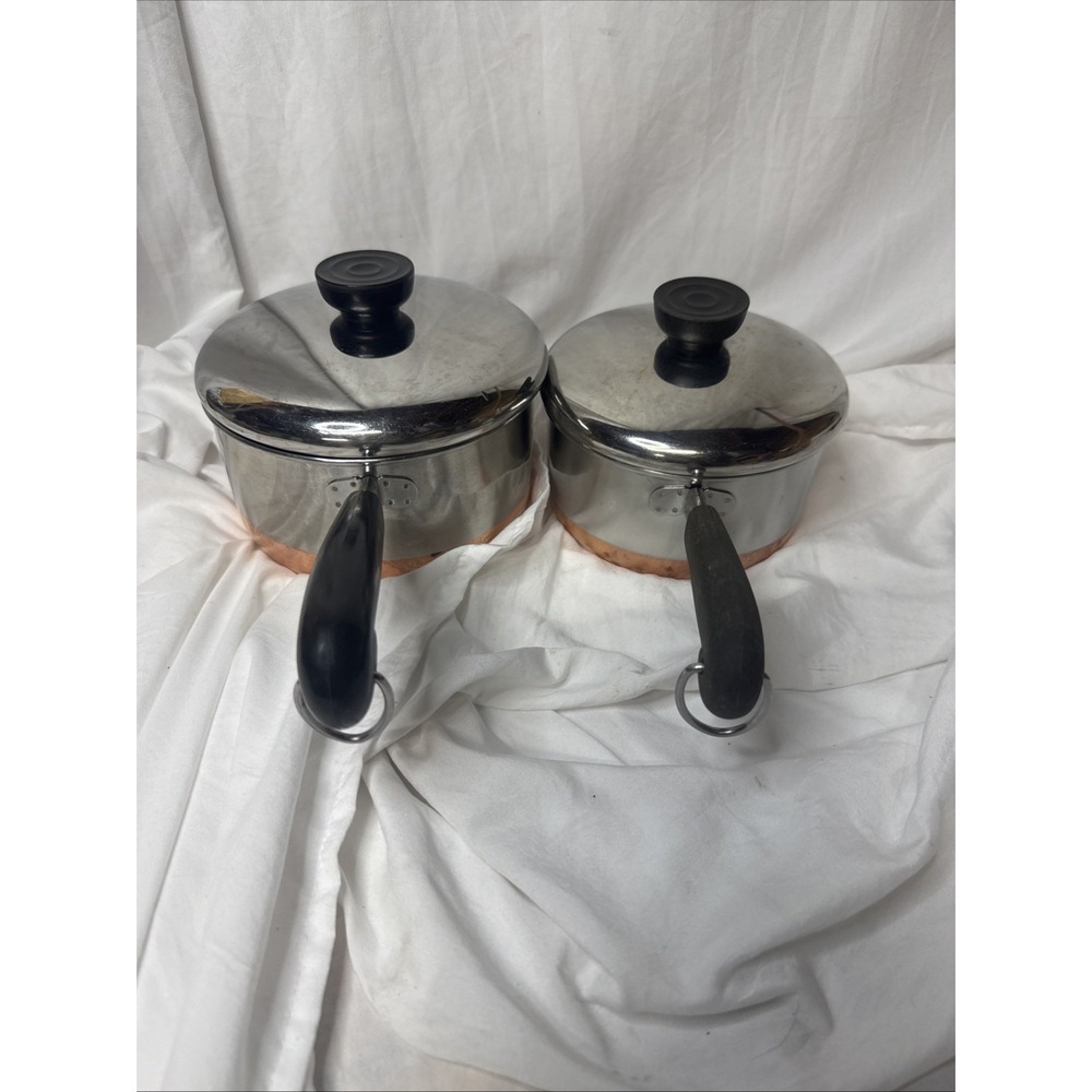 Vintage Revere Ware Sauce Pot Pan 2 Stainless Copper Clad 1 1/2 QT 1QT & Lids - Picture 12 of 13